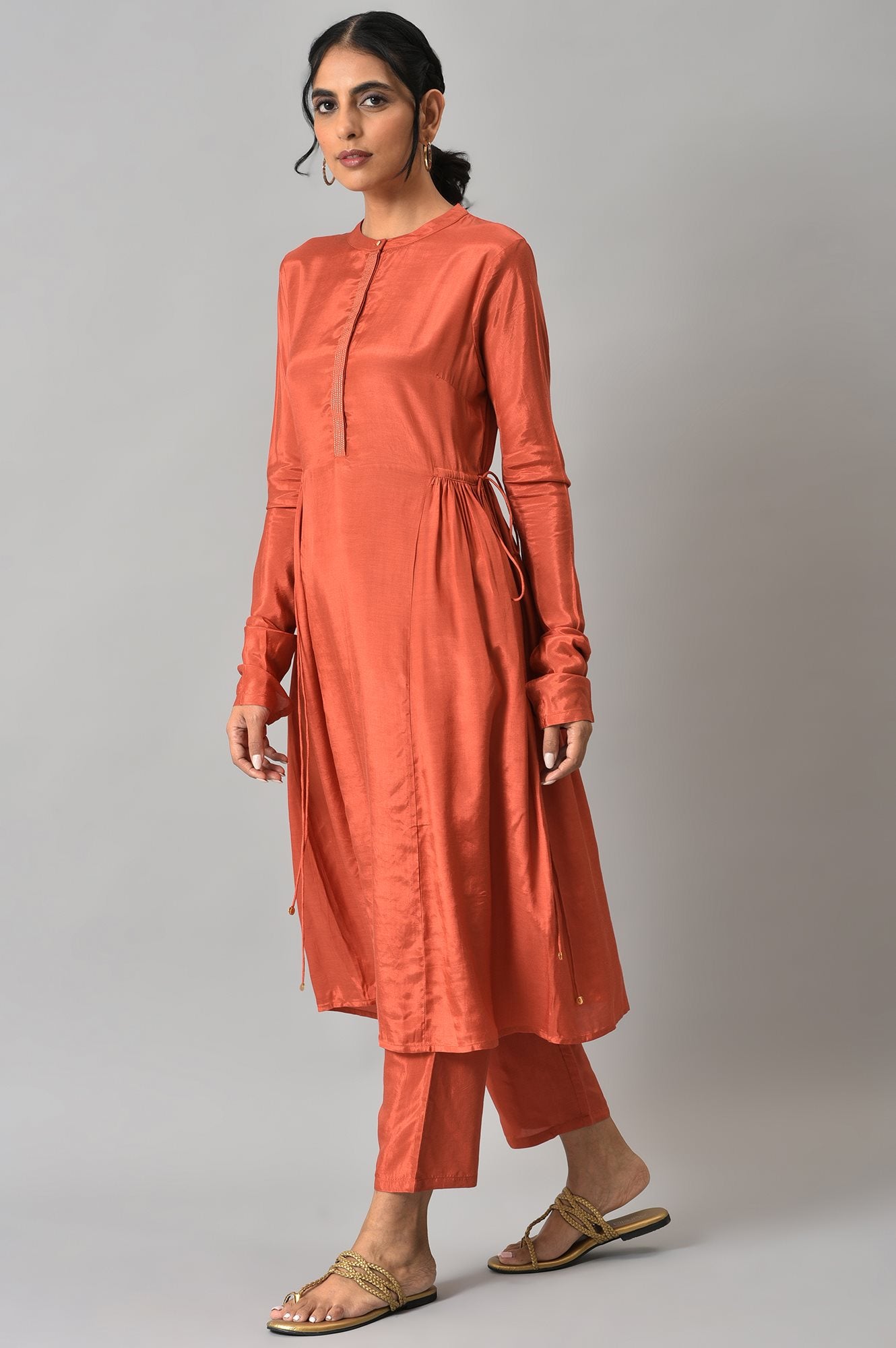 Orange Zari TopStitched Placket kurta with Straight Pants Co-ord Set