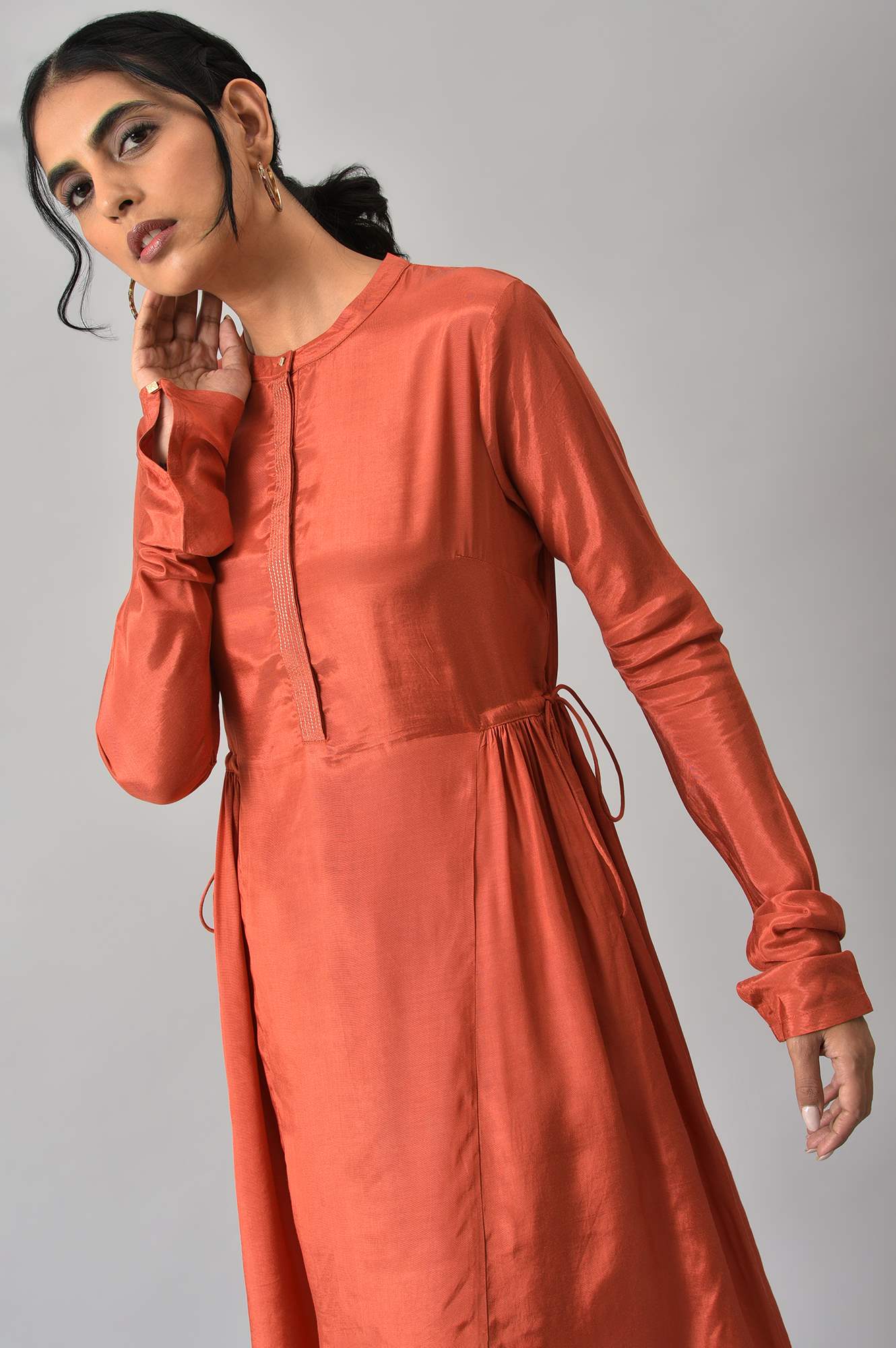 Orange Zari TopStitched Placket kurta with Straight Pants Co-ord Set