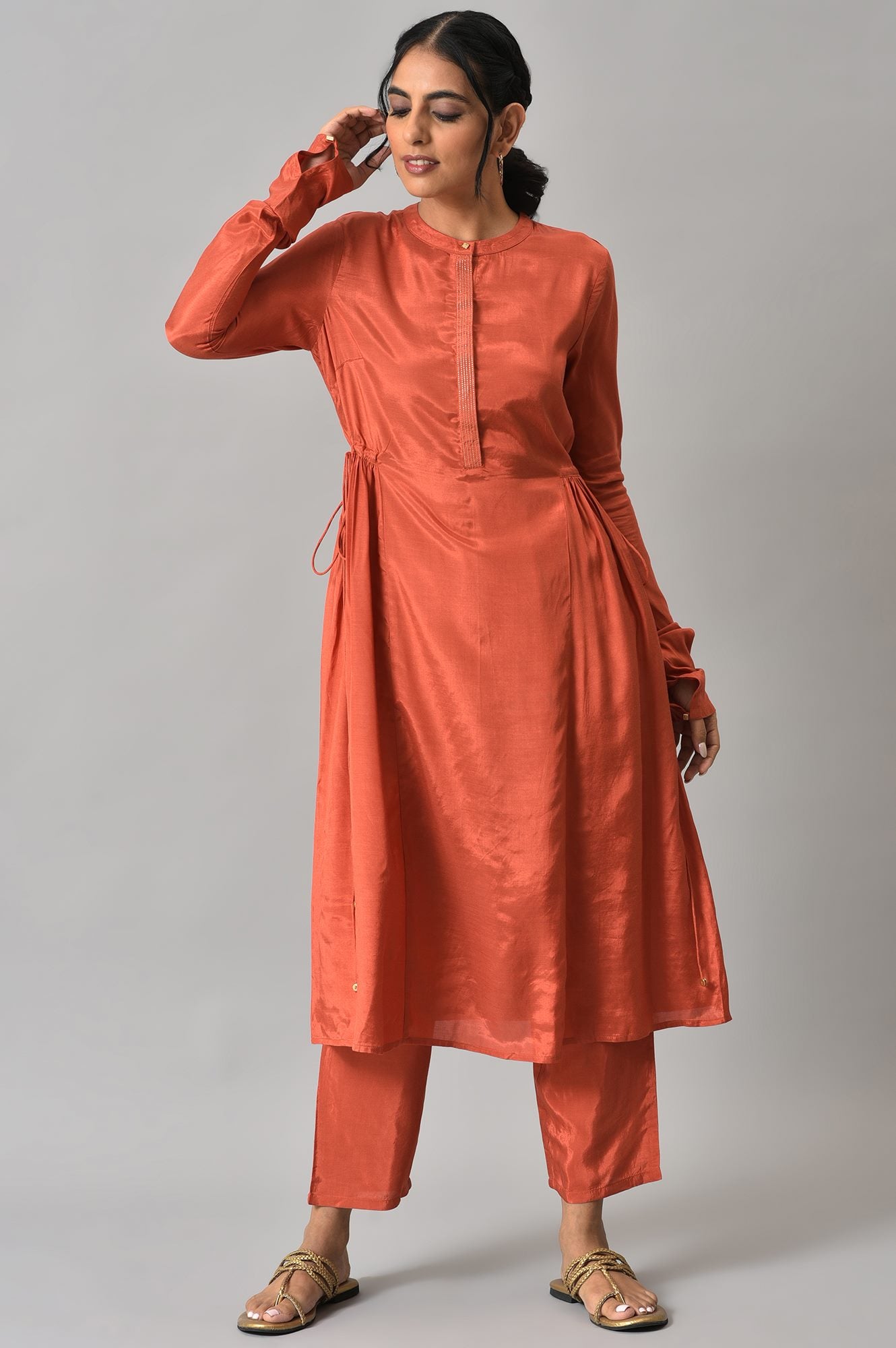 Orange Zari TopStitched Placket kurta with Straight Pants Co-ord Set