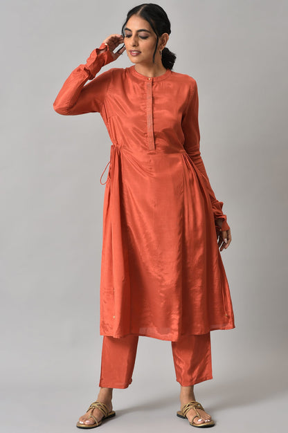 Orange Zari TopStitched Placket kurta with Straight Pants Co-ord Set