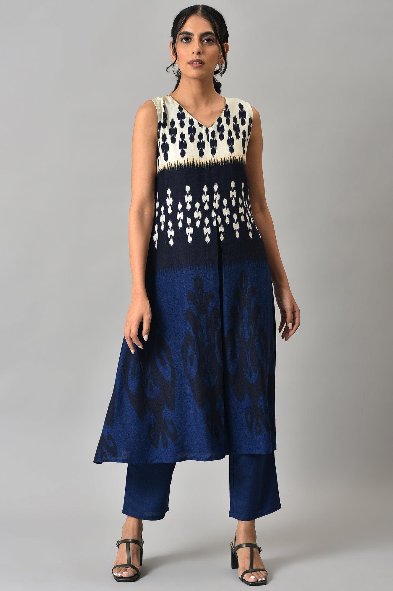 Blue Sleeveless Ikkat Print Front Pleat kurta with Straight Pants Co-ord Set - wforwoman