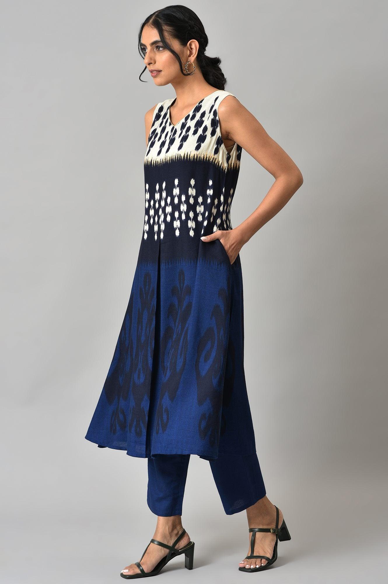 Blue Sleeveless Ikkat Print Front Pleat kurta with Straight Pants Co-ord Set - wforwoman