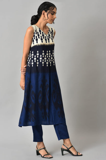 Blue Sleeveless Ikkat Print Front Pleat kurta with Straight Pants Co-ord Set - wforwoman