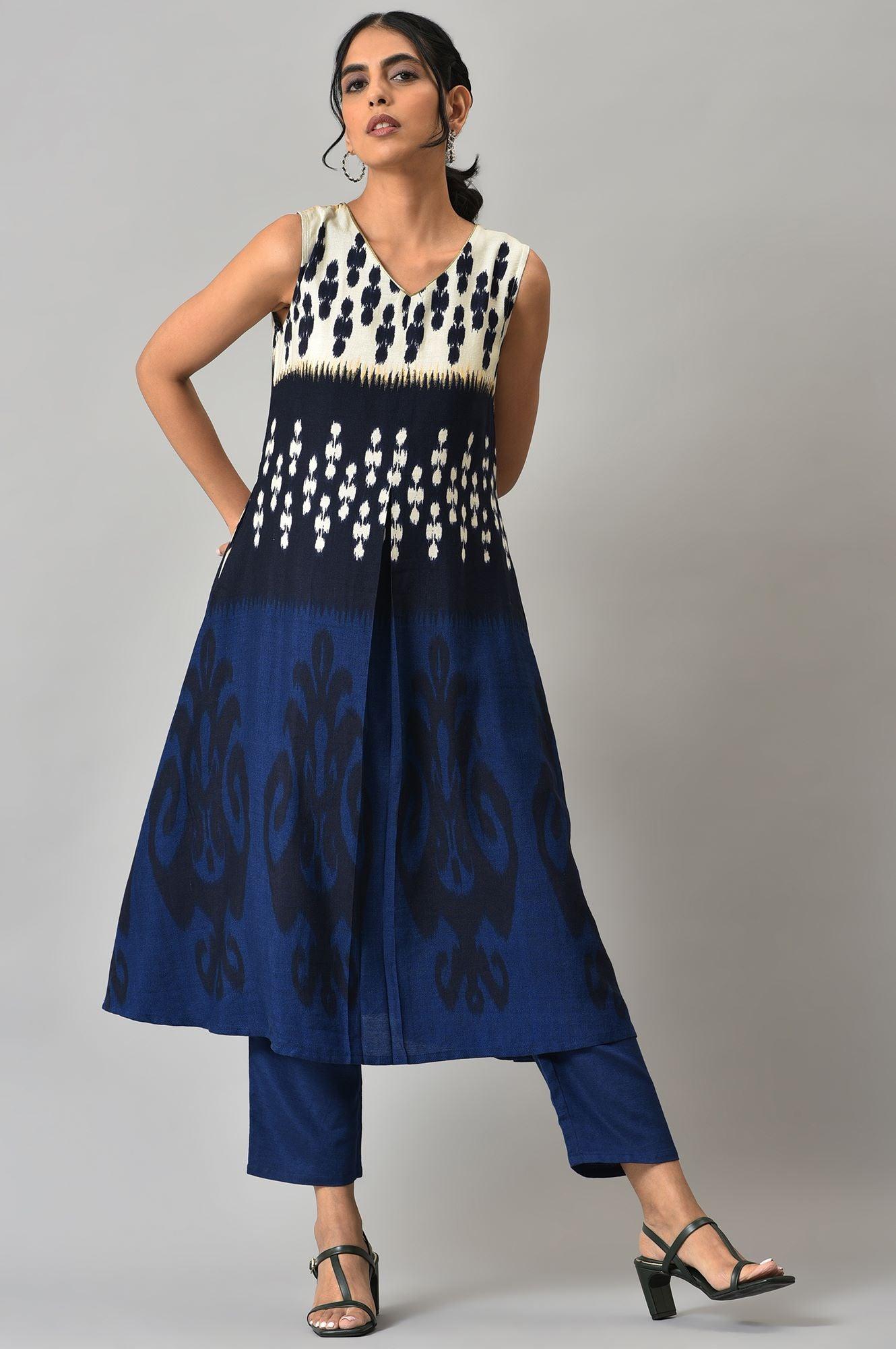 Blue Sleeveless Ikkat Print Front Pleat kurta with Straight Pants Co-ord Set - wforwoman