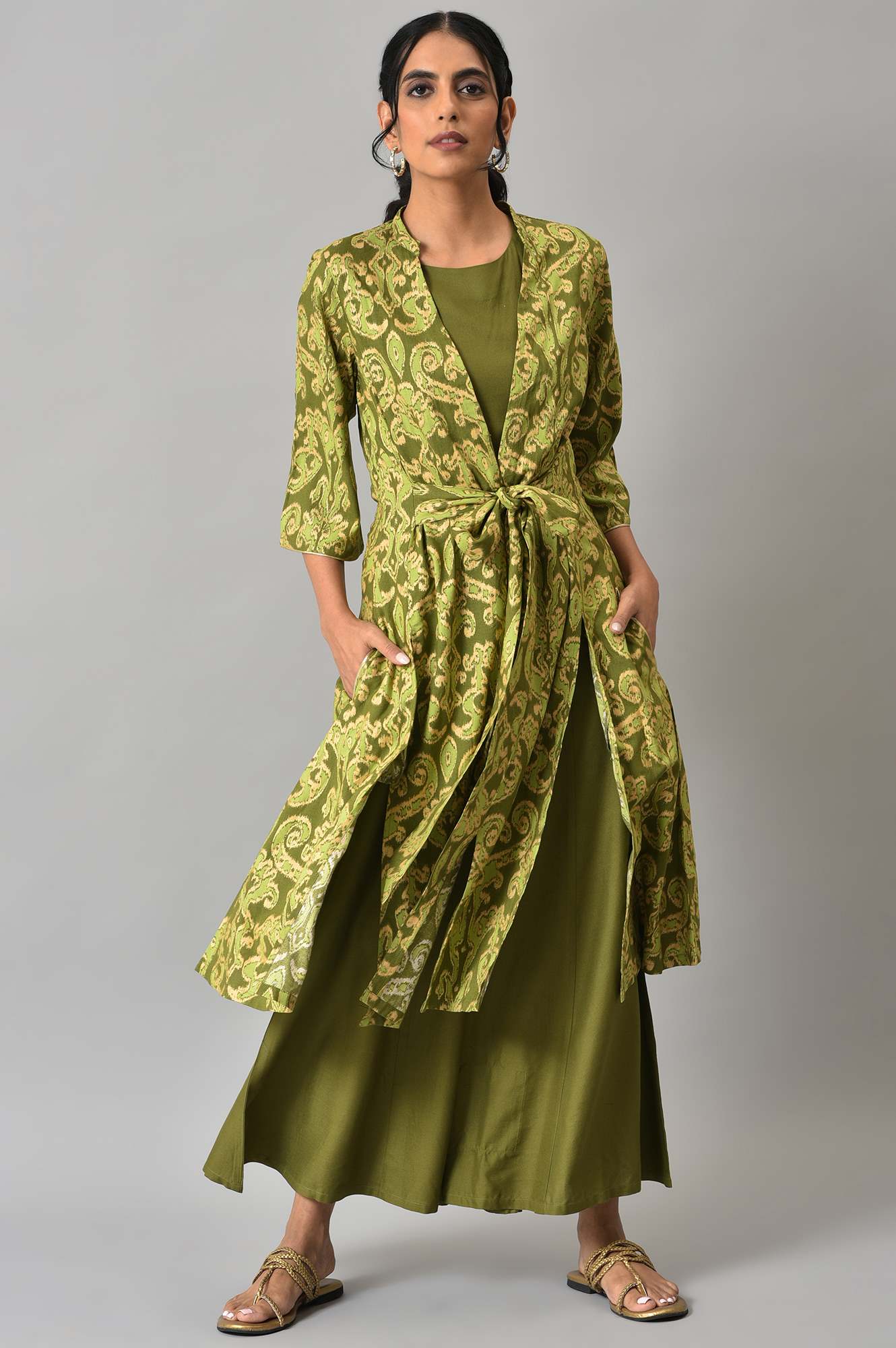 Green Ikkat Printed Jacket with Solid Green Top and Flared Pants Co-ord Set