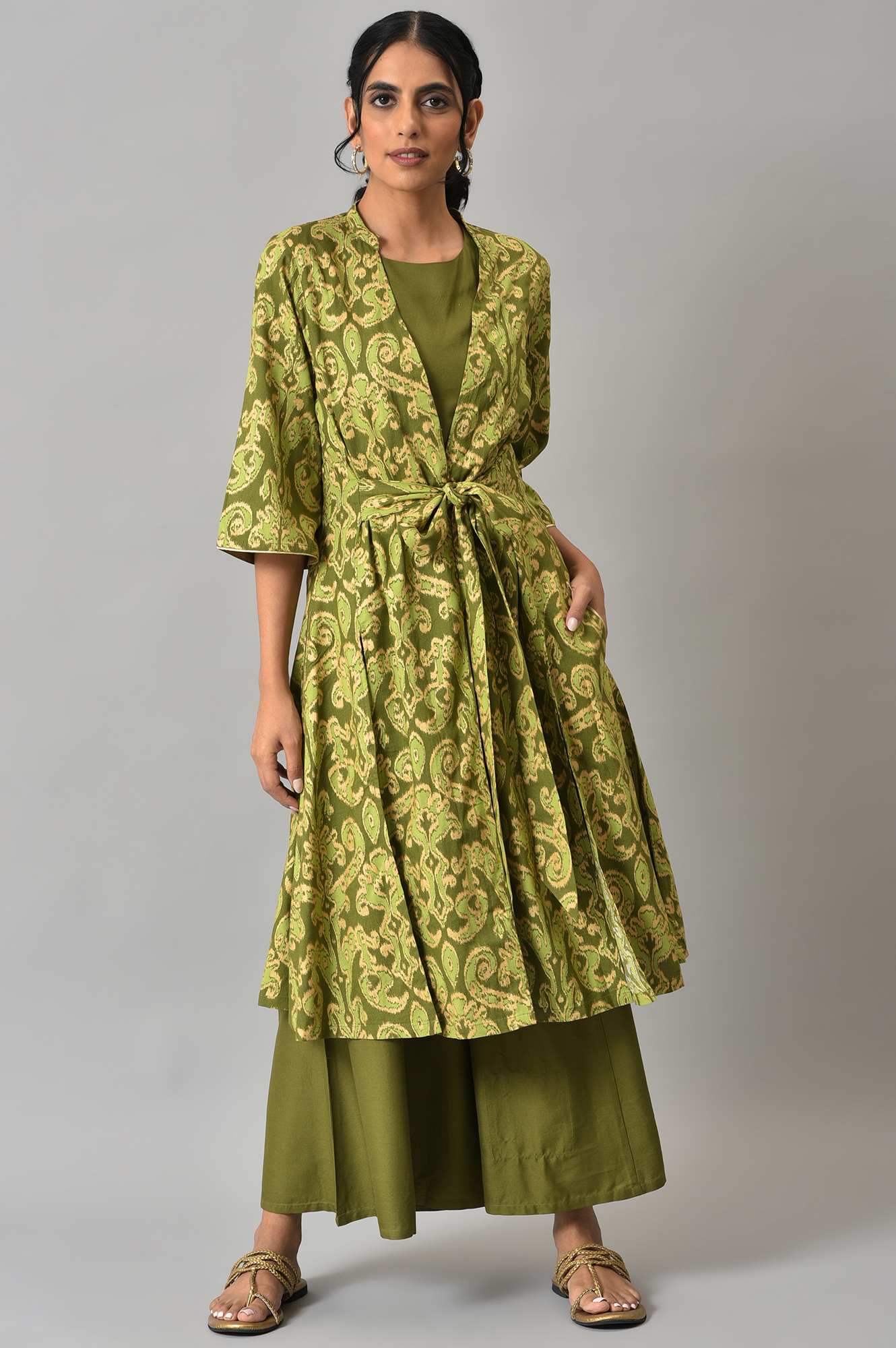 Green Ikkat Printed Jacket with Solid Green Top and Flared Pants Co-ord Set