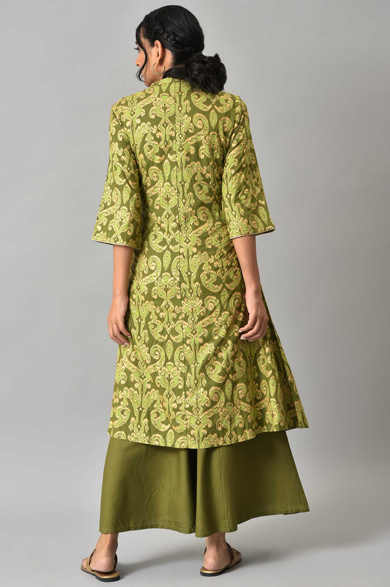 Green Ikkat Printed Jacket with Solid Green Top and Flared Pants Co-ord Set