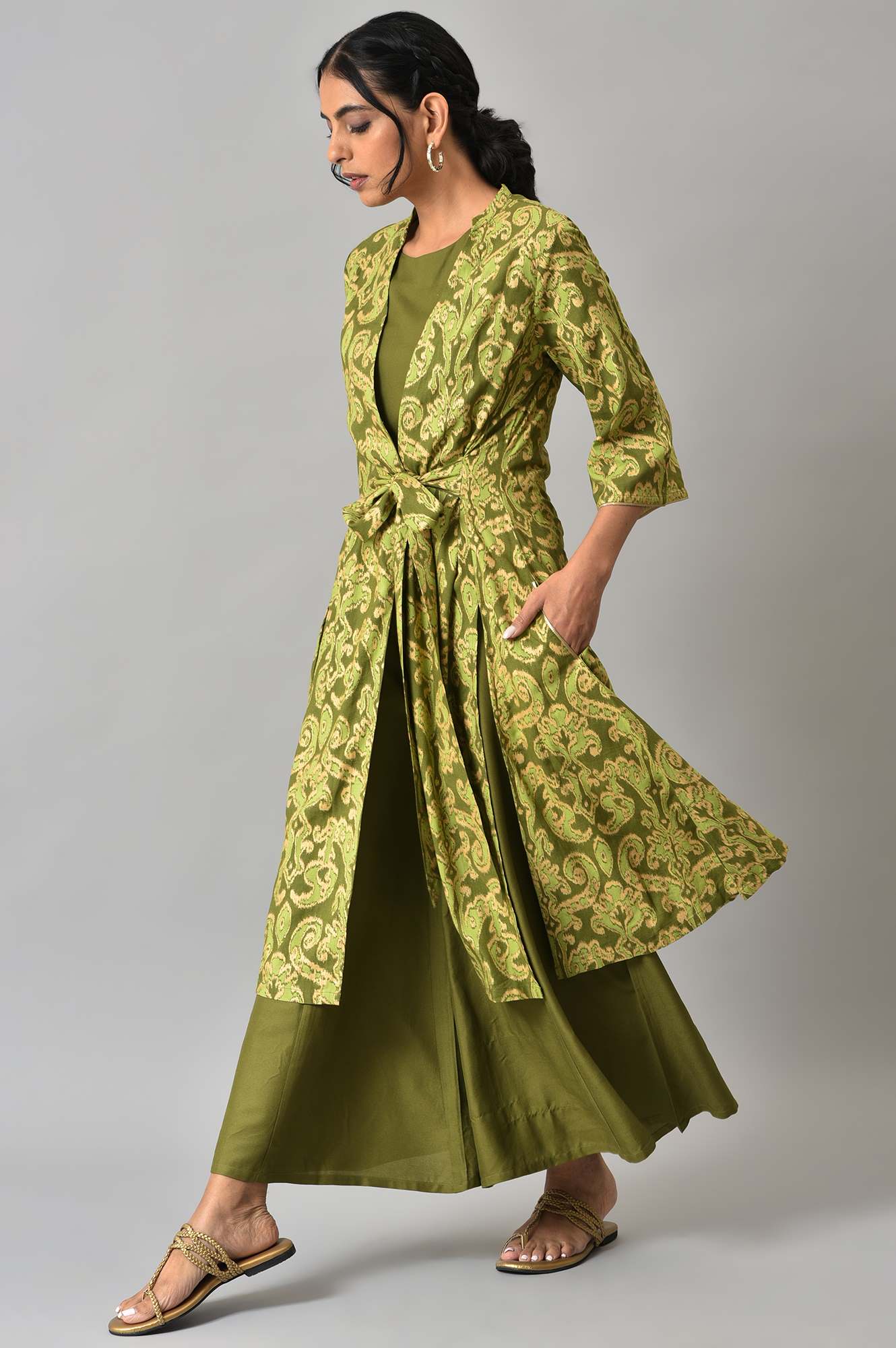 Green Ikkat Printed Jacket with Solid Green Top and Flared Pants Co-ord Set