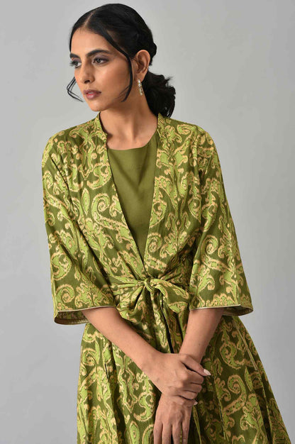 Green Ikkat Printed Jacket with Solid Green Top and Flared Pants Co-ord Set