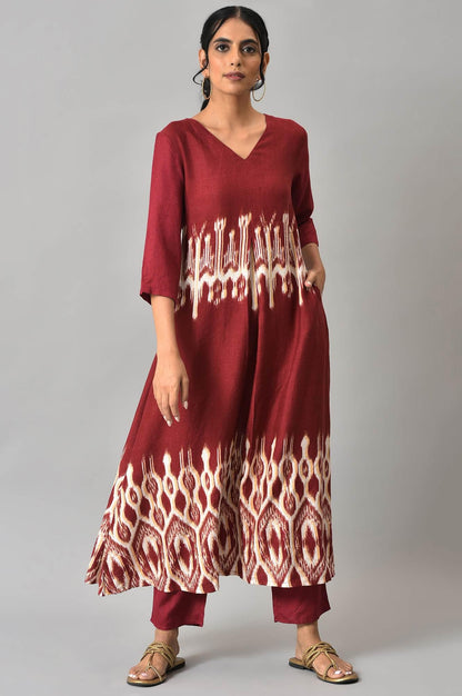 Dark Red Ikkat Print Front Pleat kurta with Straight Pants Co-ord Set - wforwoman