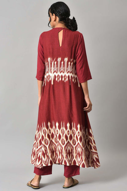 Dark Red Ikkat Print Front Pleat kurta with Straight Pants Co-ord Set - wforwoman