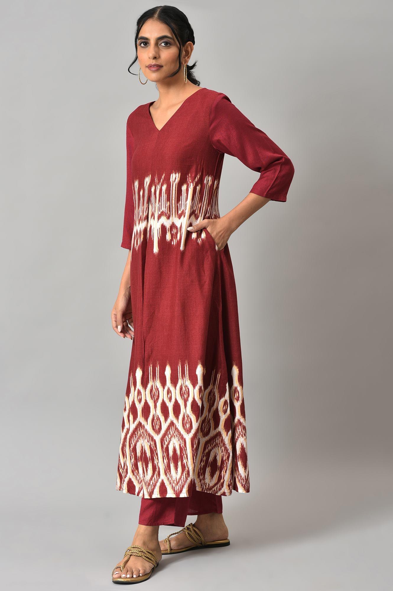 Dark Red Ikkat Print Front Pleat kurta with Straight Pants Co-ord Set - wforwoman