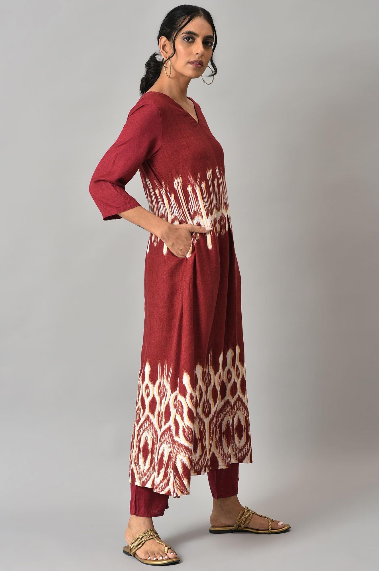 Dark Red Ikkat Print Front Pleat kurta with Straight Pants Co-ord Set - wforwoman