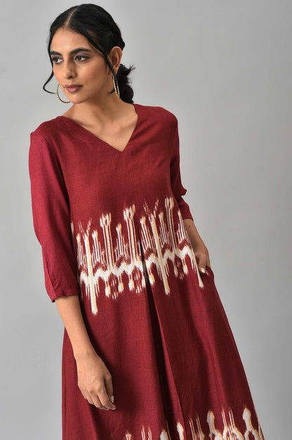 Dark Red Ikkat Print Front Pleat kurta with Straight Pants Co-ord Set - wforwoman