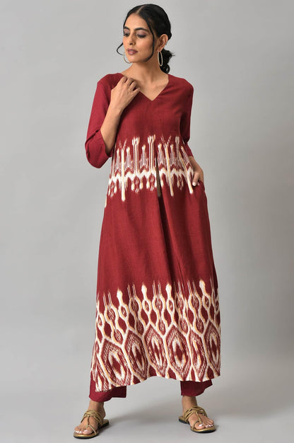 Dark Red Ikkat Print Front Pleat kurta with Straight Pants Co-ord Set - wforwoman