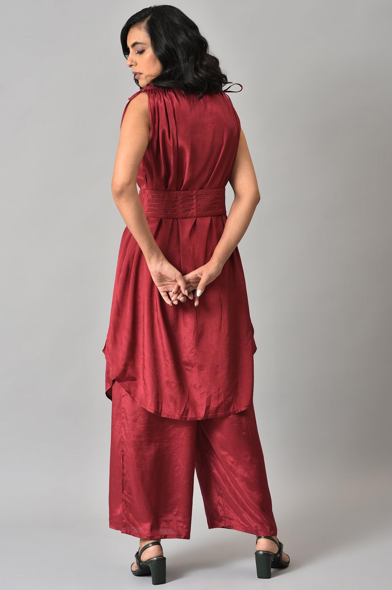 Dark Red Solid Shantung kurta with Parallel Pants Co-ord Set - wforwoman