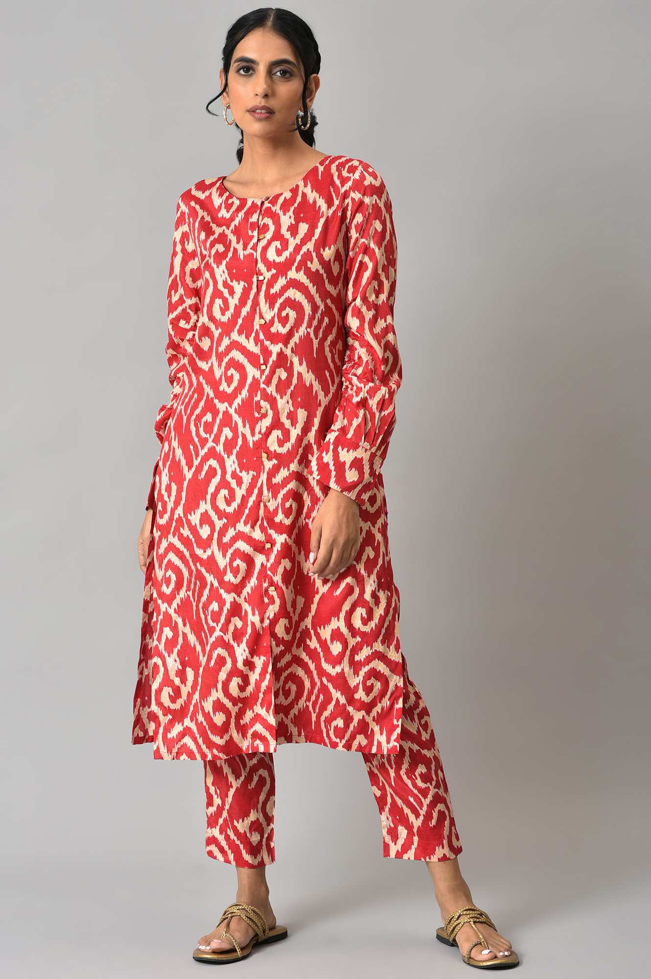 Red Ikkat Printed kurta with Slim Pants Co-ord Set