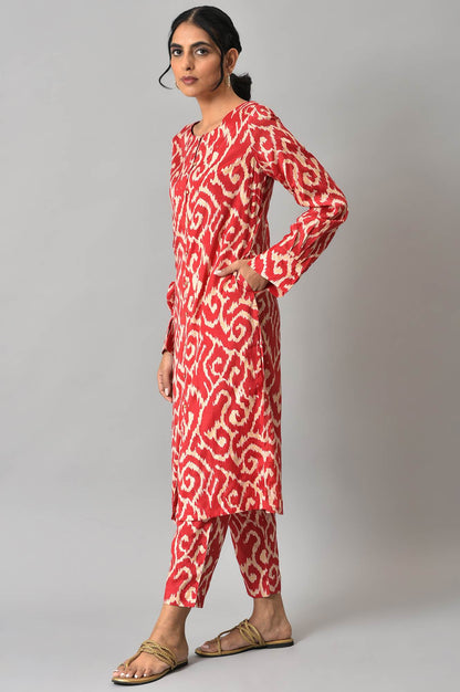 Red Ikkat Printed kurta with Slim Pants Co-ord Set