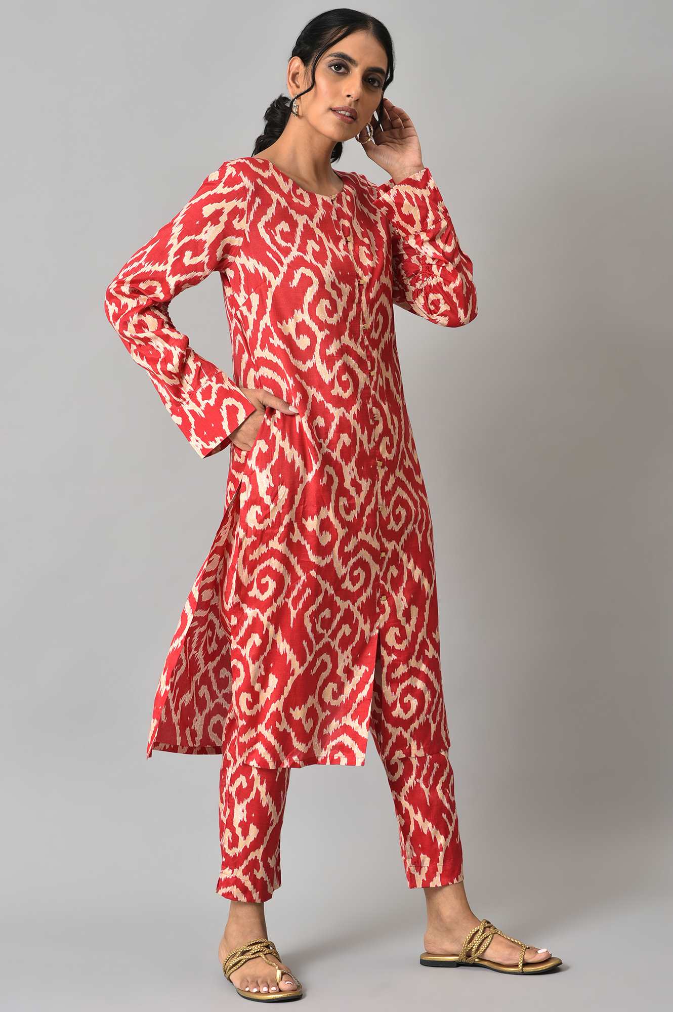 Red Ikkat Printed kurta with Slim Pants Co-ord Set