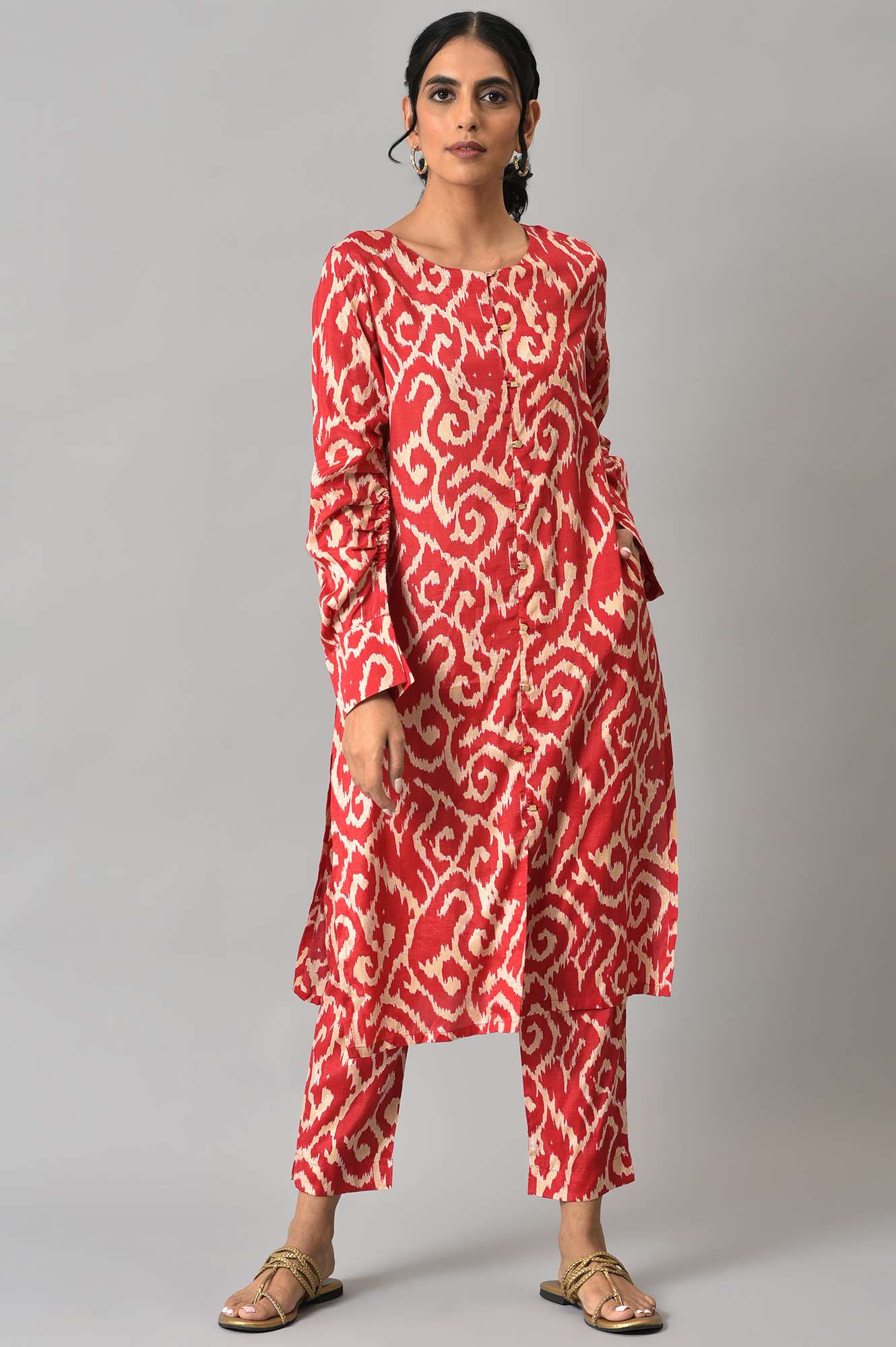 Red Ikkat Printed kurta with Slim Pants Co-ord Set