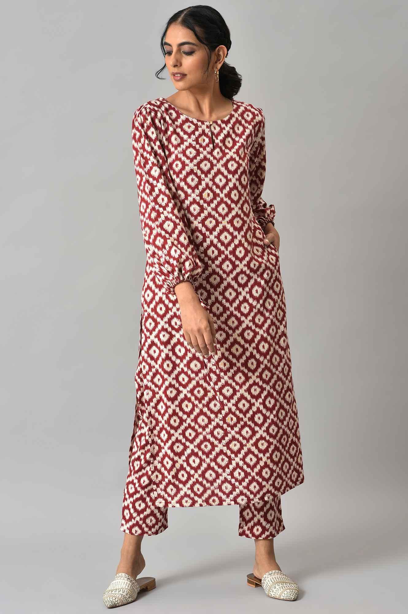 Dark Red Ikkat Print kurta with Slim Pants Co-ord Set - wforwoman