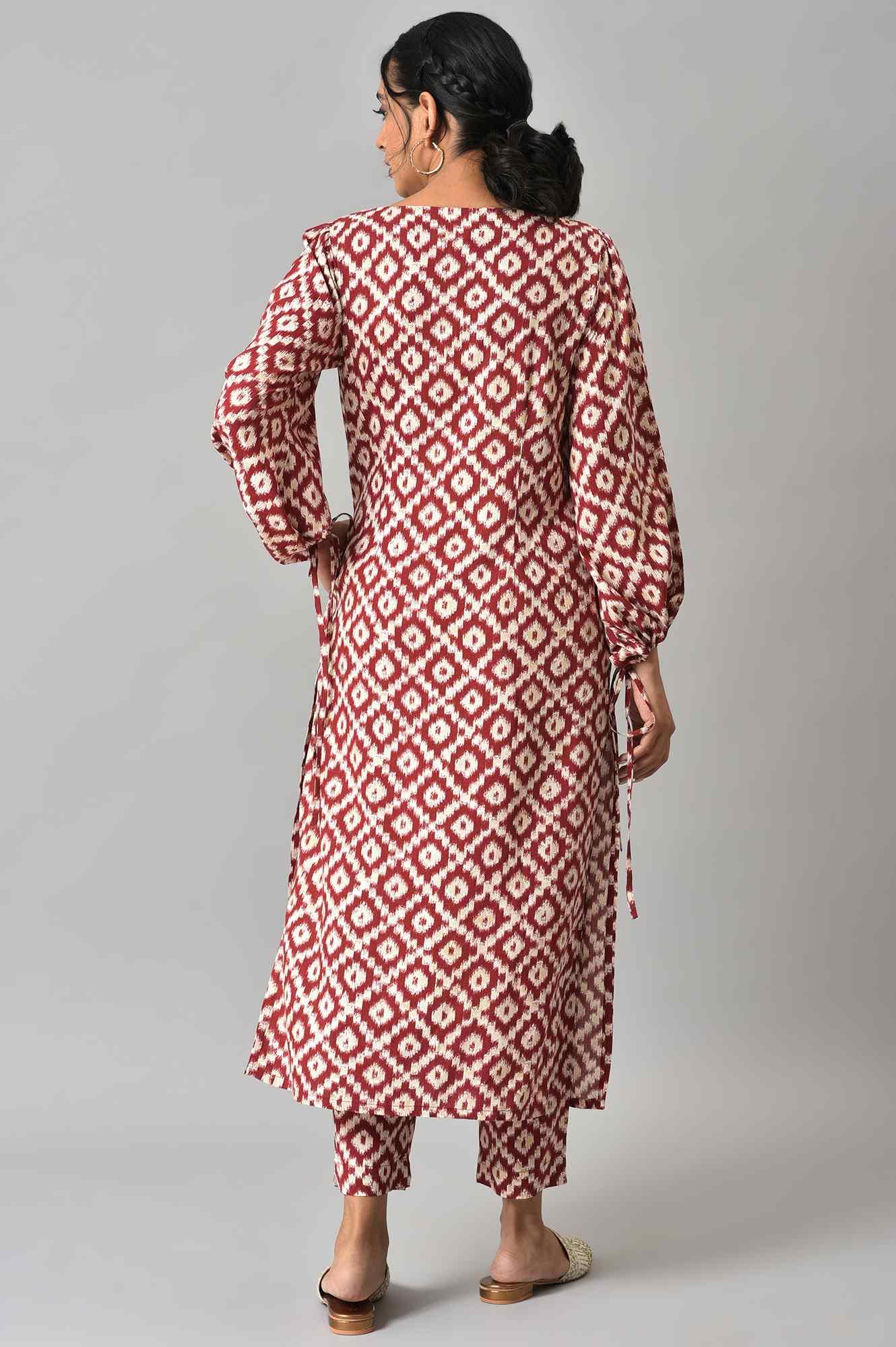 Dark Red Ikkat Print kurta with Slim Pants Co-ord Set - wforwoman