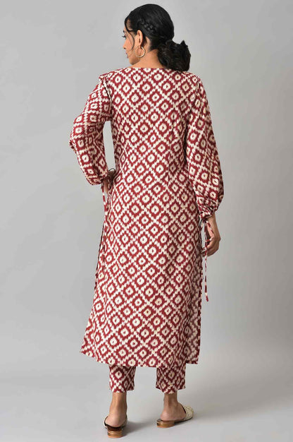 Dark Red Ikkat Print kurta with Slim Pants Co-ord Set - wforwoman