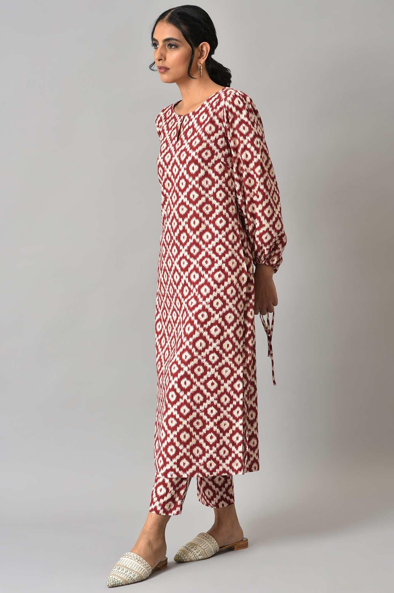 Dark Red Ikkat Print kurta with Slim Pants Co-ord Set - wforwoman