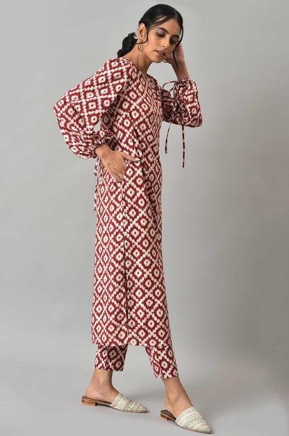 Dark Red Ikkat Print kurta with Slim Pants Co-ord Set - wforwoman