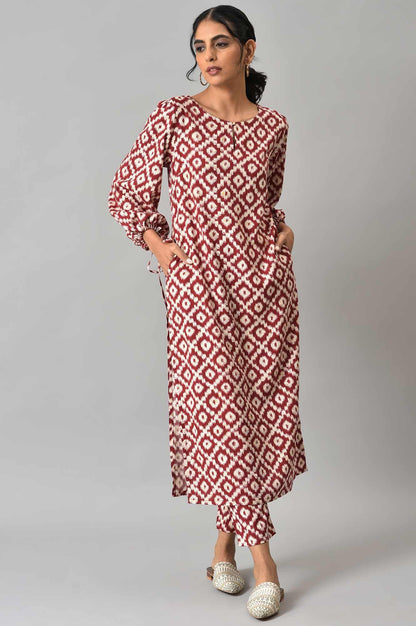 Dark Red Ikkat Print kurta with Slim Pants Co-ord Set - wforwoman