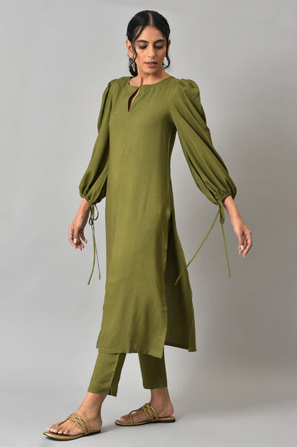 Avocado Green Puffed Sleeves kurta with Slim Pants Co-ord Set