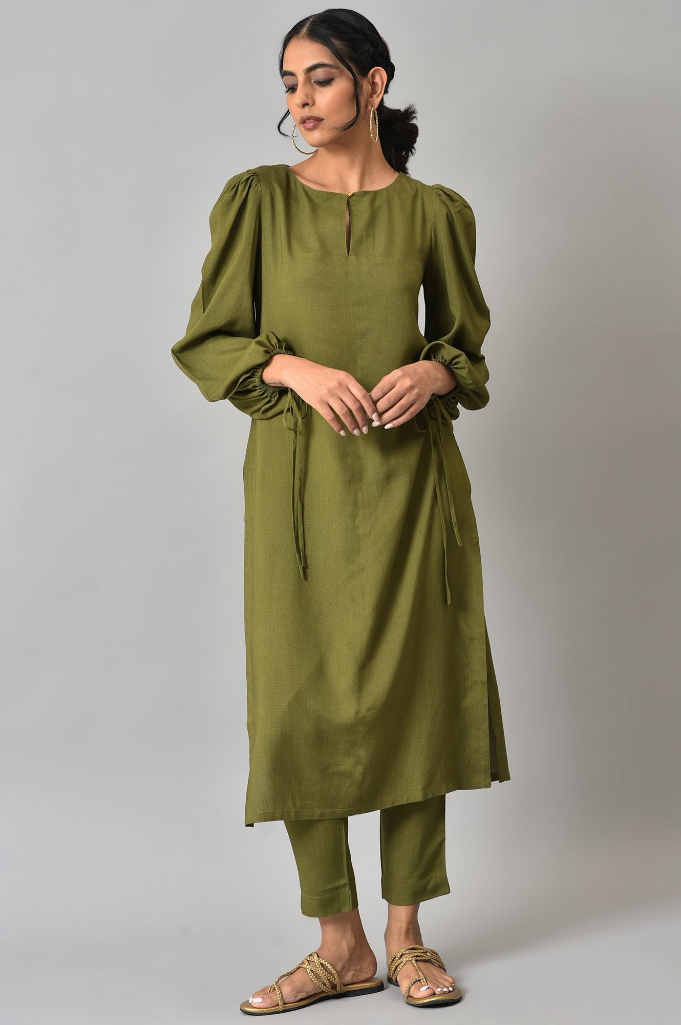 Avocado Green Puffed Sleeves kurta with Slim Pants Co-ord Set