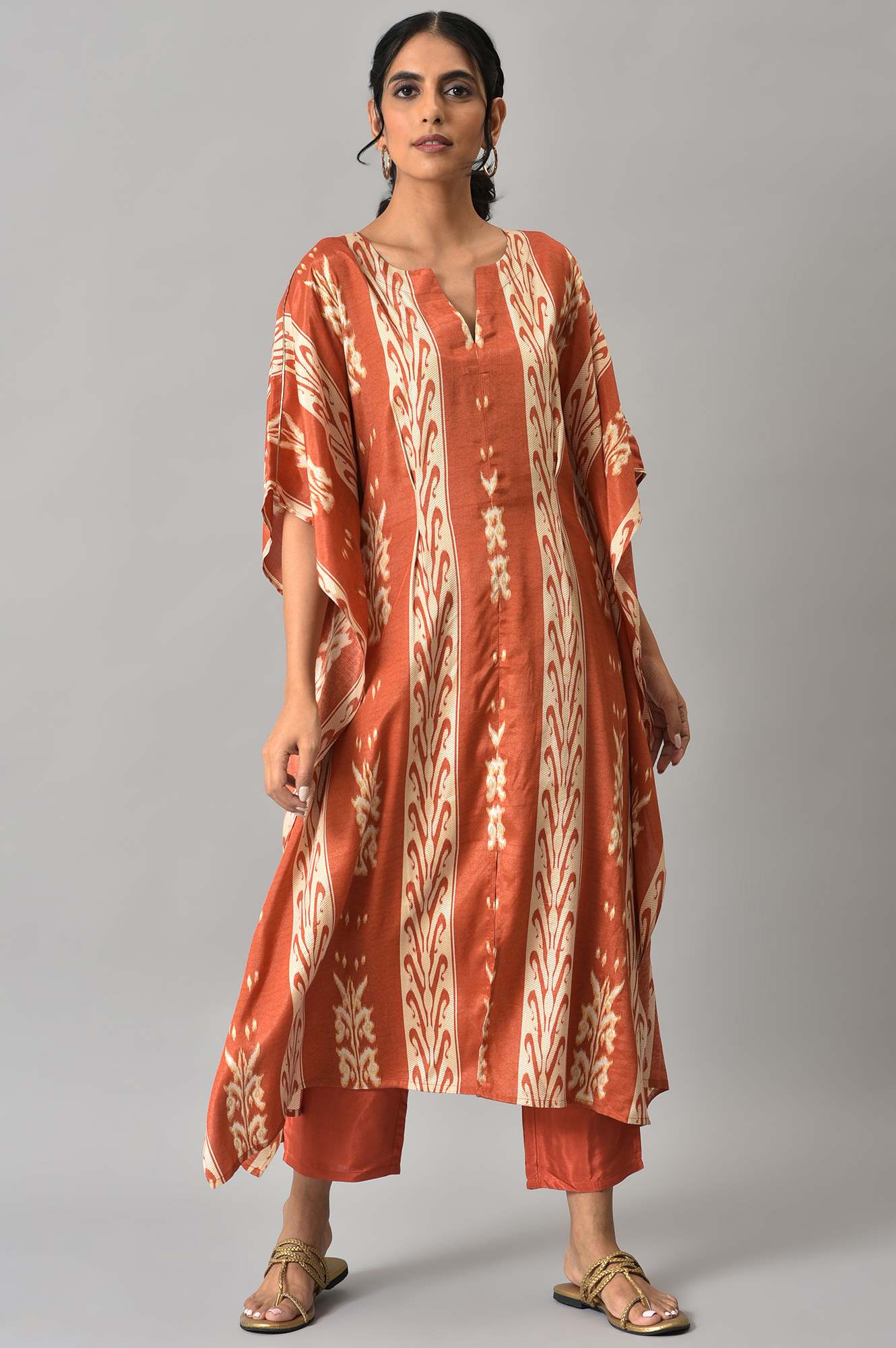 Orange Ikkat Printed Button Down kurta with Parallel Pants Co-ord Set