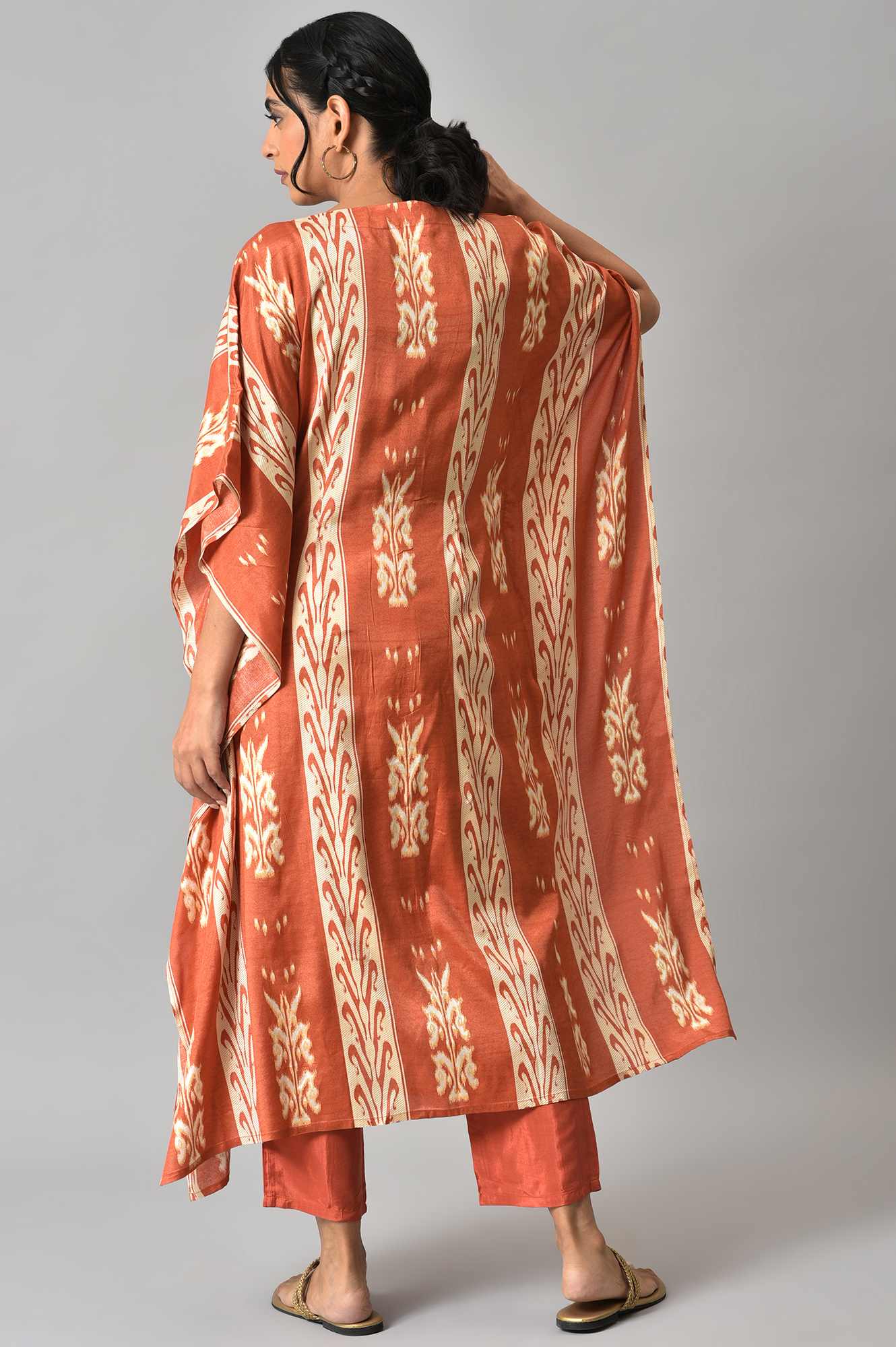 Orange Ikkat Printed Button Down kurta with Parallel Pants Co-ord Set