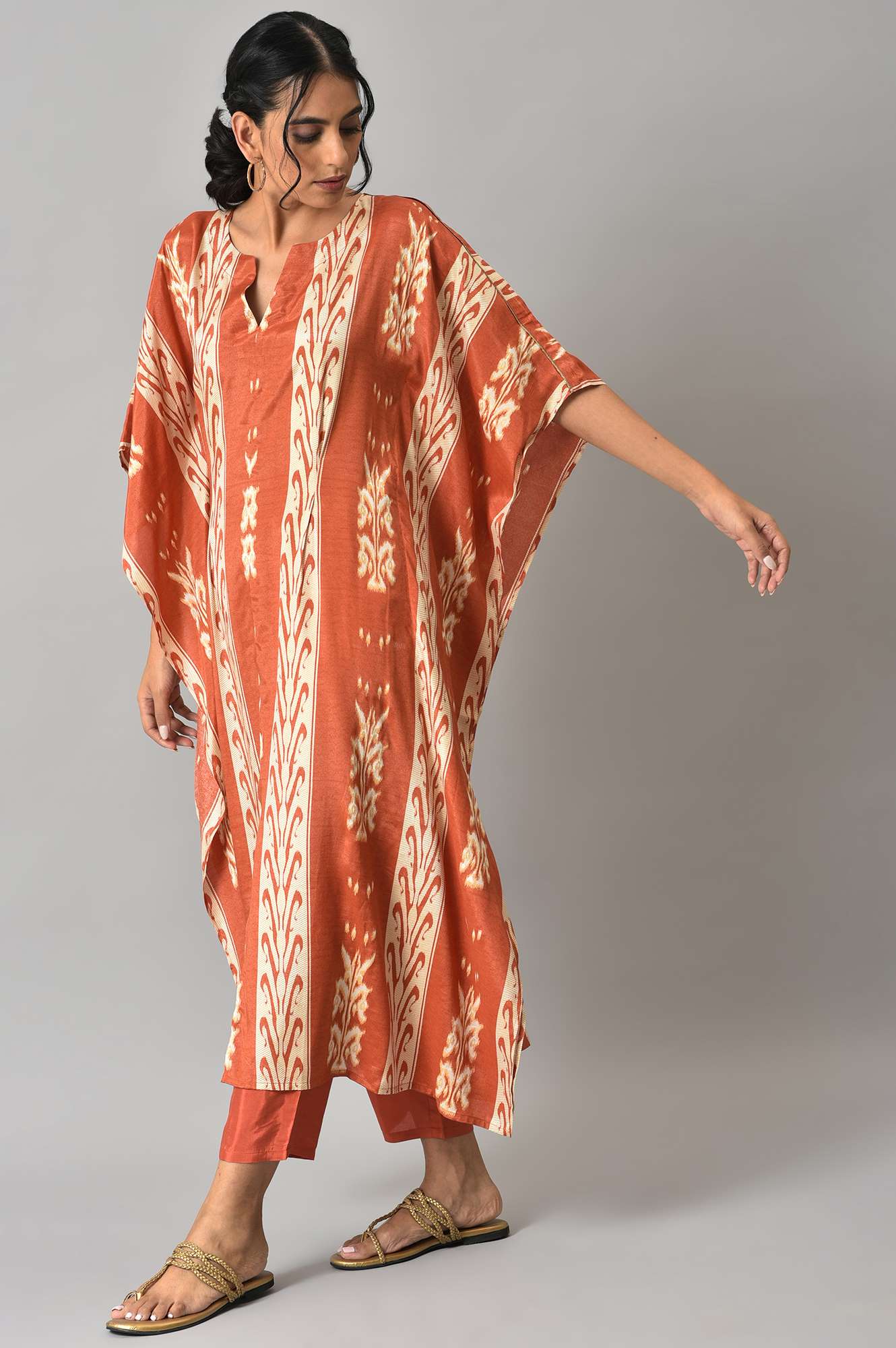 Orange Ikkat Printed Button Down kurta with Parallel Pants Co-ord Set