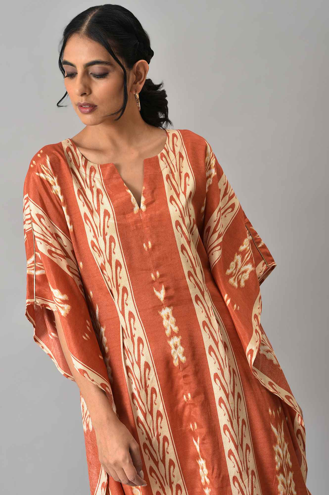 Orange Ikkat Printed Button Down kurta with Parallel Pants Co-ord Set