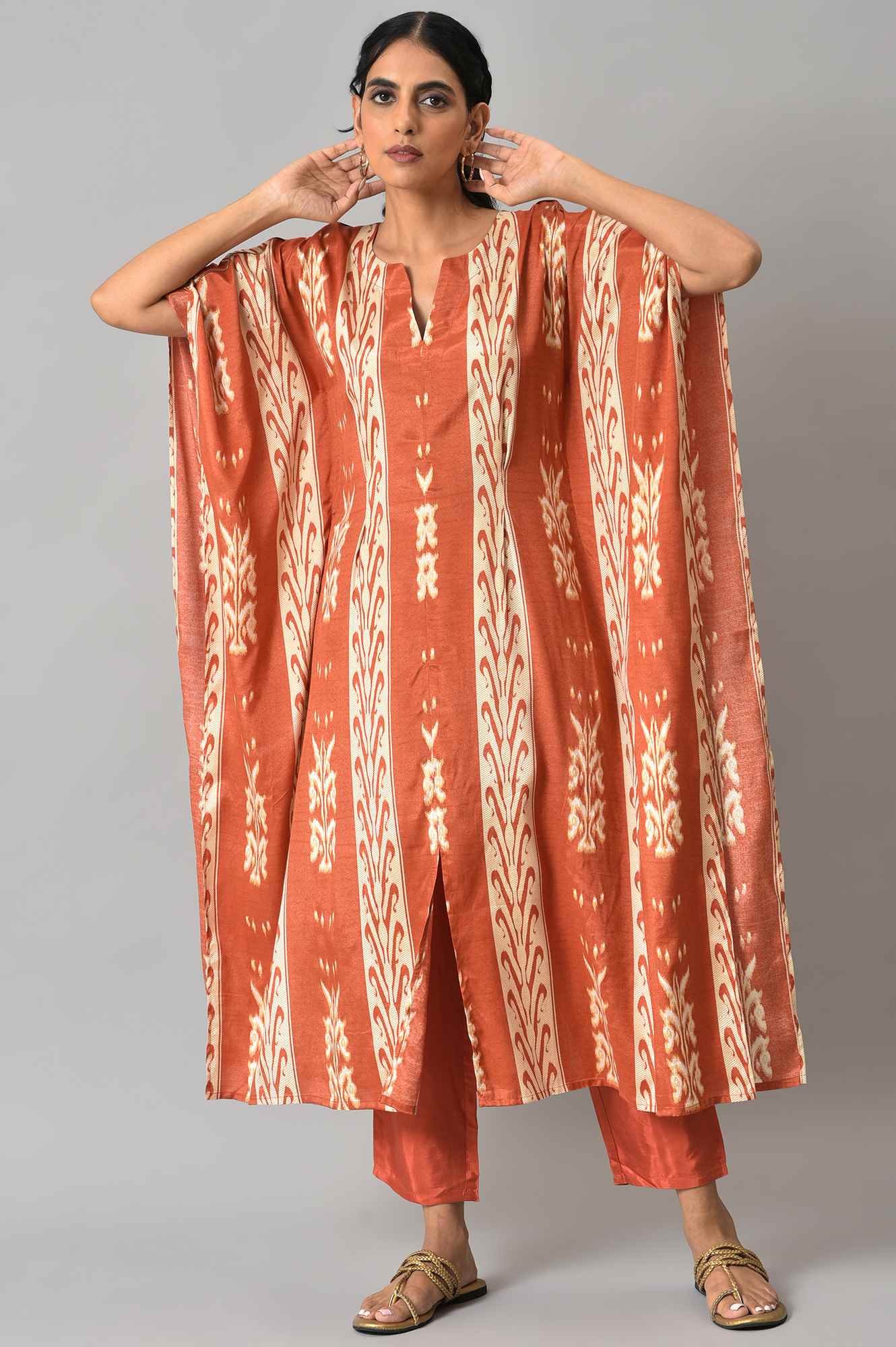 Orange Ikkat Printed Button Down kurta with Parallel Pants Co-ord Set