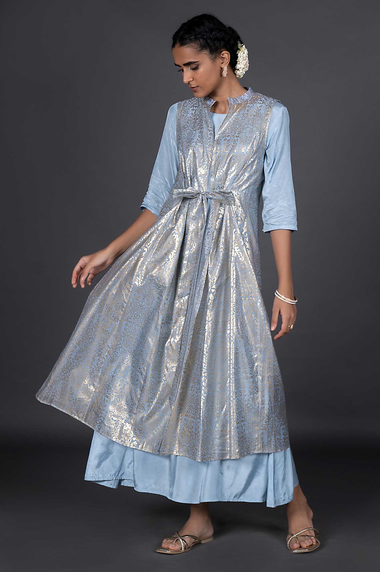 Light Blue Organza Jacket With Inner Dress Set