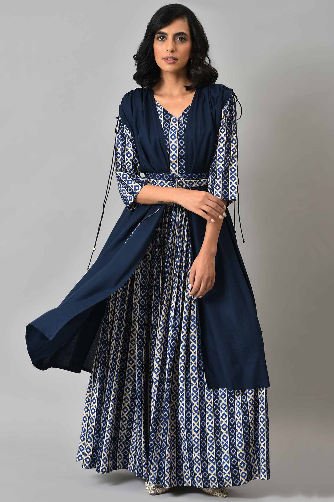 Blue Solid Gathered Cape with Ikkat Printed Crop Top and Skirt Co-ord Set