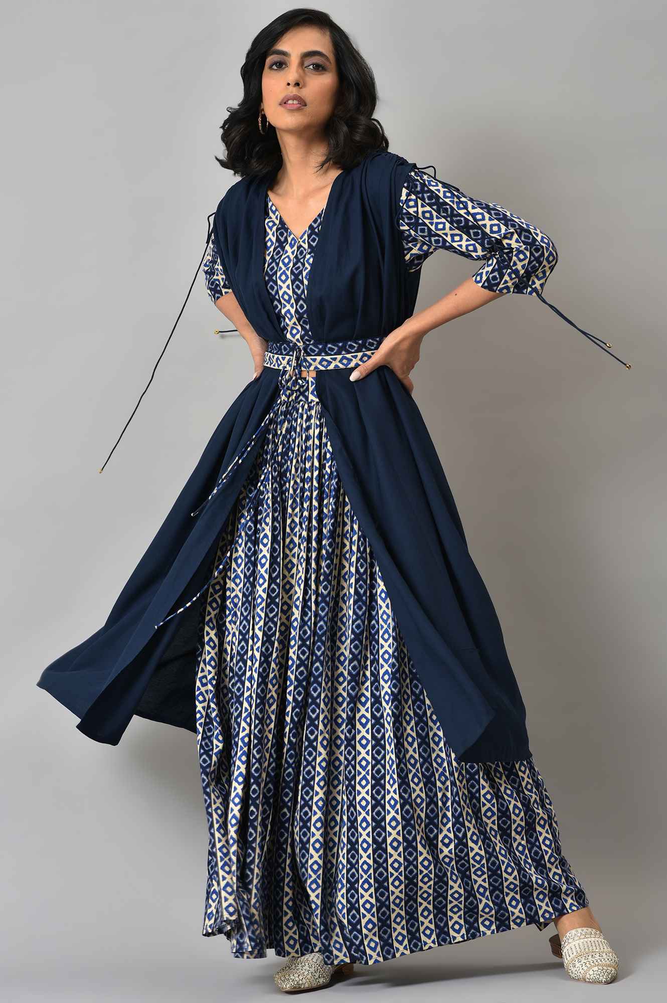 Blue Solid Gathered Cape with Ikkat Printed Crop Top and Skirt Co-ord Set