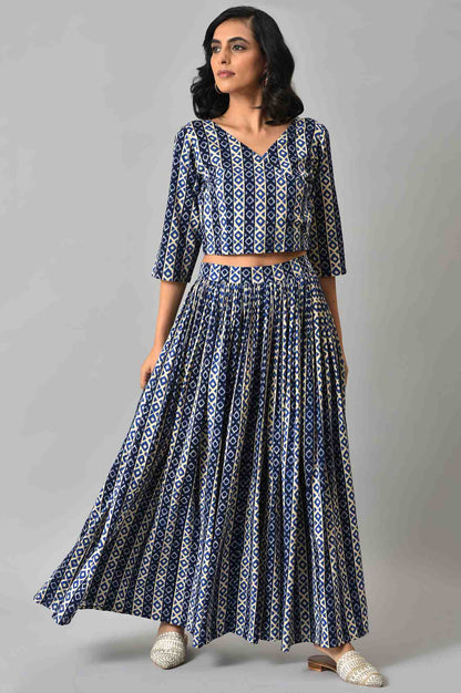 Blue Solid Gathered Cape with Ikkat Printed Crop Top and Skirt Co-ord Set