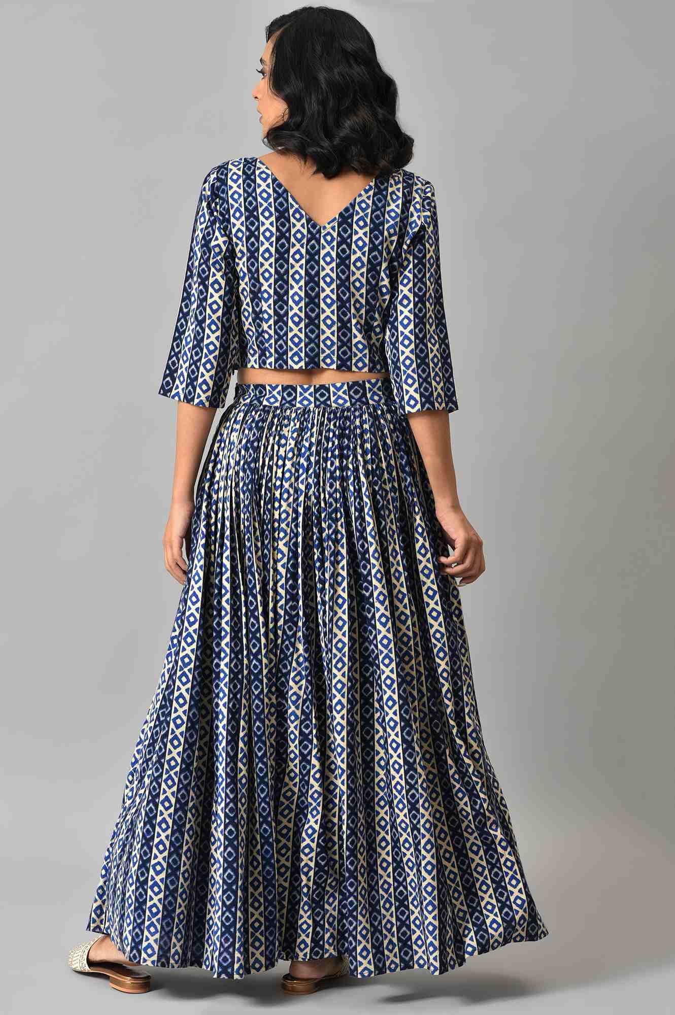 Blue Solid Gathered Cape with Ikkat Printed Crop Top and Skirt Co-ord Set