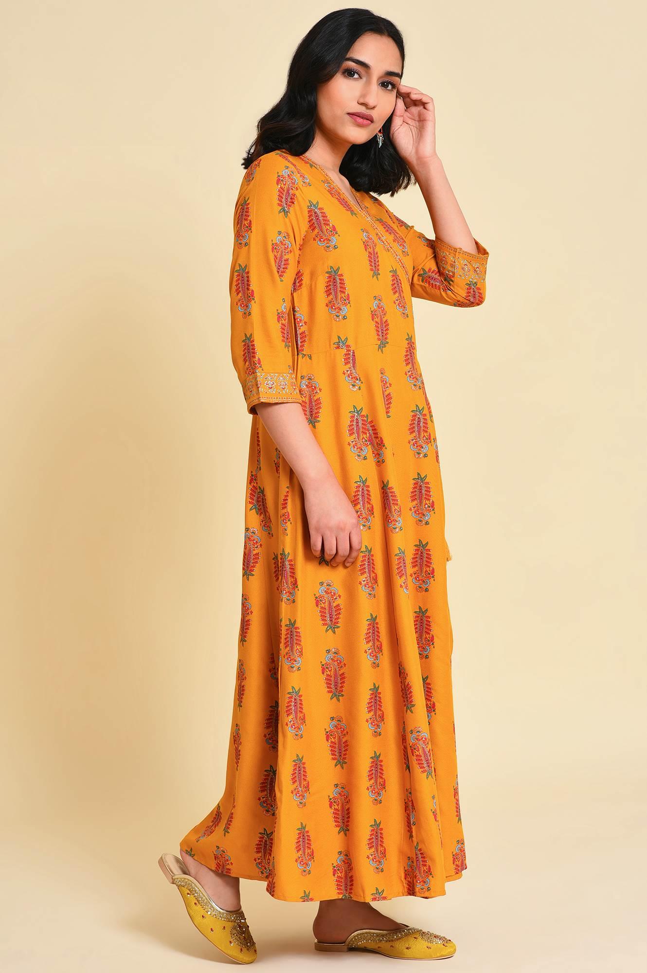 Yellow Multicolor Printed Angrakha kurta Set - wforwoman