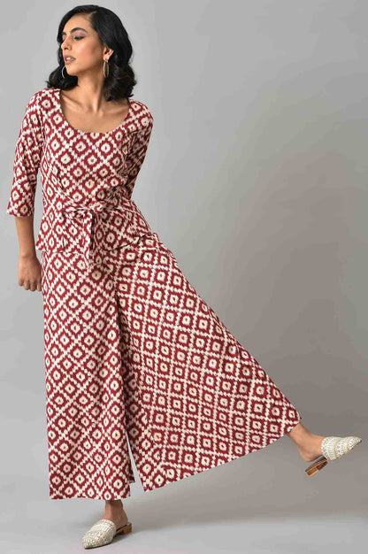 Dark Red Ikkat Print A-line kurta with FLared Pants Co-ord Set