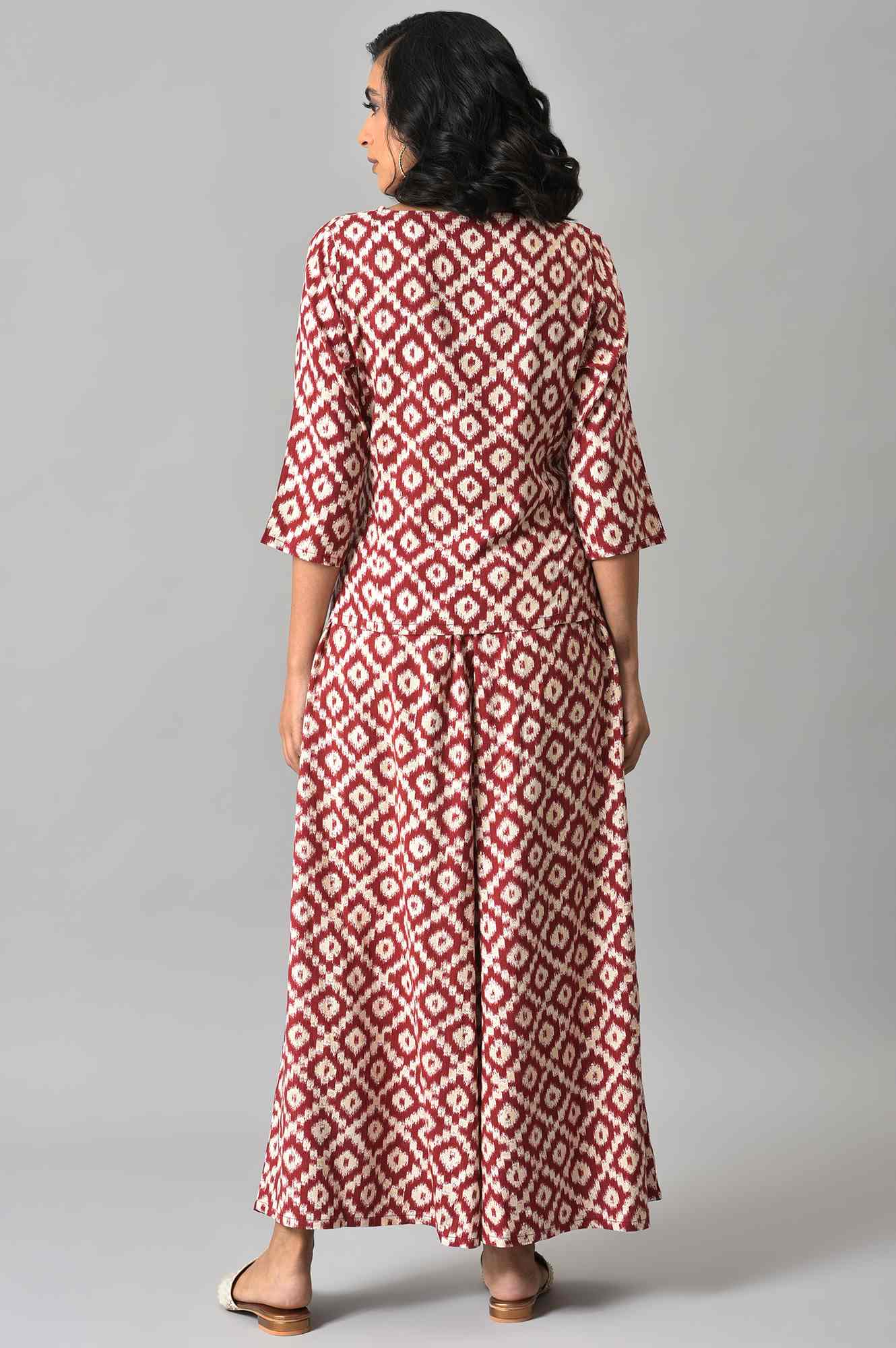 Dark Red Ikkat Print A-line kurta with FLared Pants Co-ord Set