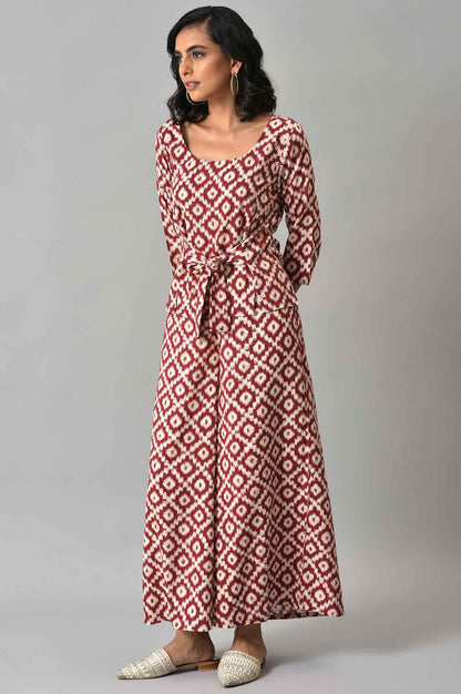 Dark Red Ikkat Print A-line kurta with FLared Pants Co-ord Set