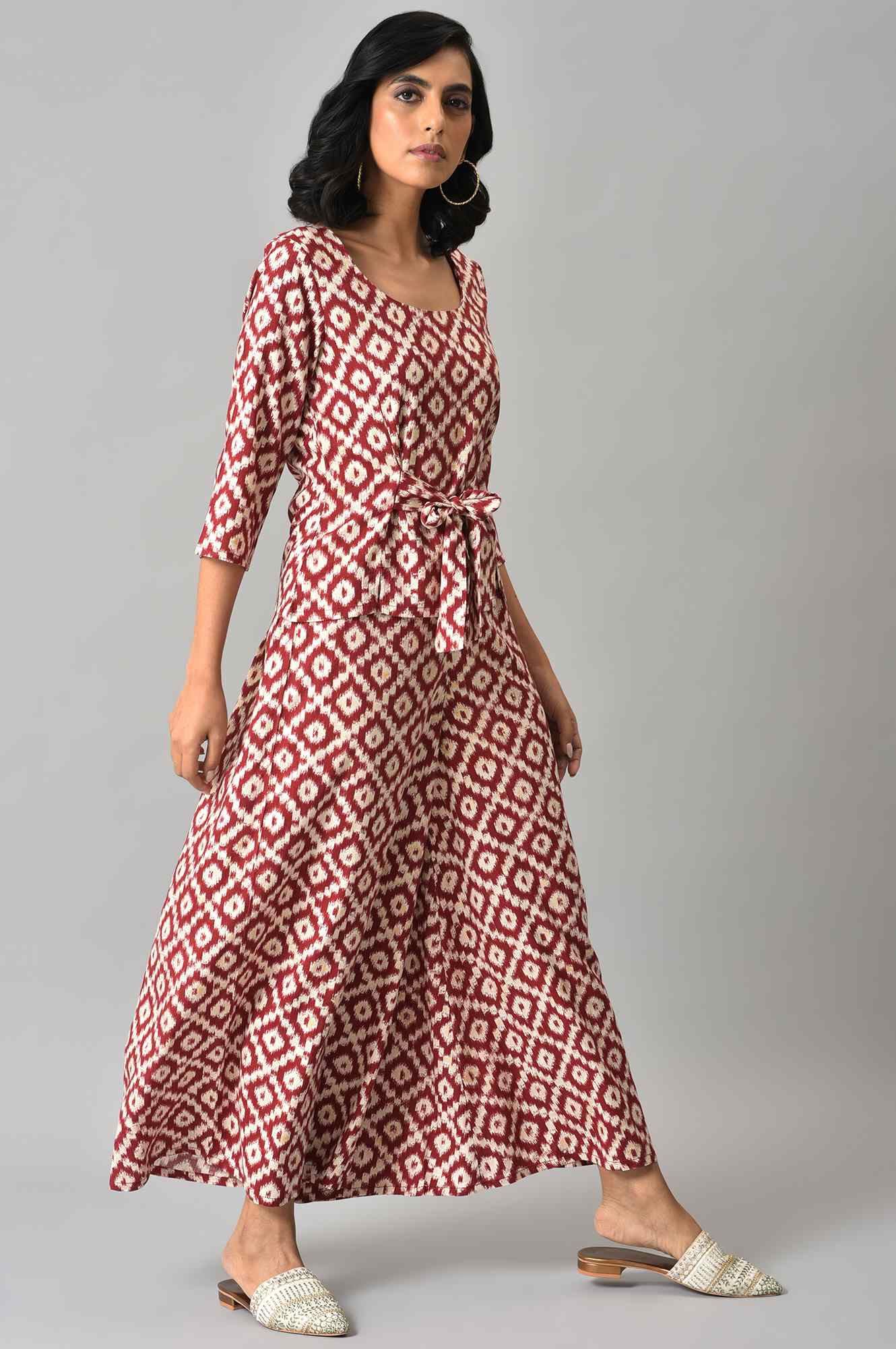 Dark Red Ikkat Print A-line kurta with FLared Pants Co-ord Set