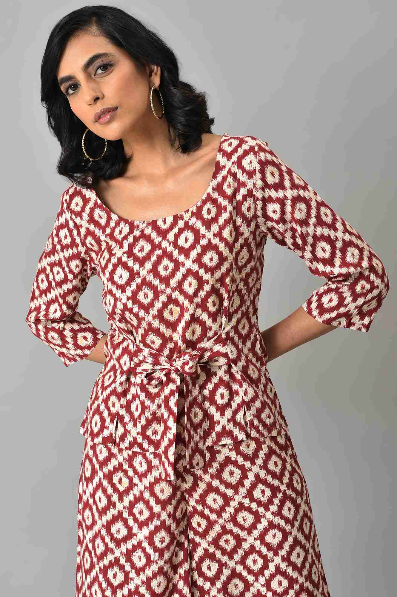 Dark Red Ikkat Print A-line kurta with FLared Pants Co-ord Set