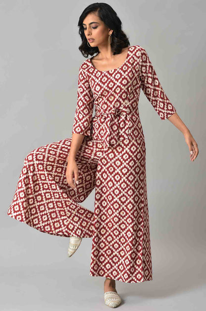 Dark Red Ikkat Print A-line kurta with FLared Pants Co-ord Set