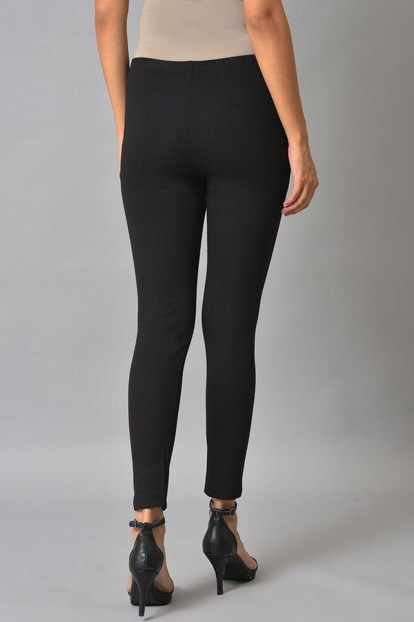 Black Solid Skinny Fit Cotton Tights With Elasticated Waistband